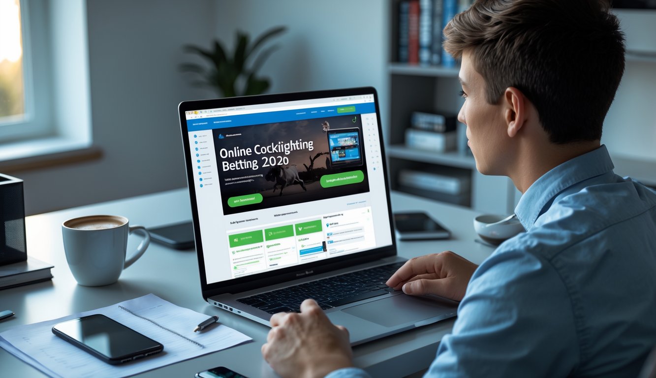 Seorang pria muda duduk di meja kerja dengan laptop, mencermati situs judi sabung ayam online, di ruangan dengan pencahayaan alami.