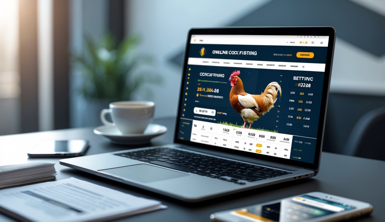 Seorang pria menggunakan laptop di meja kerja yang menampilkan platform taruhan sabung ayam online dengan data pasar internasional.