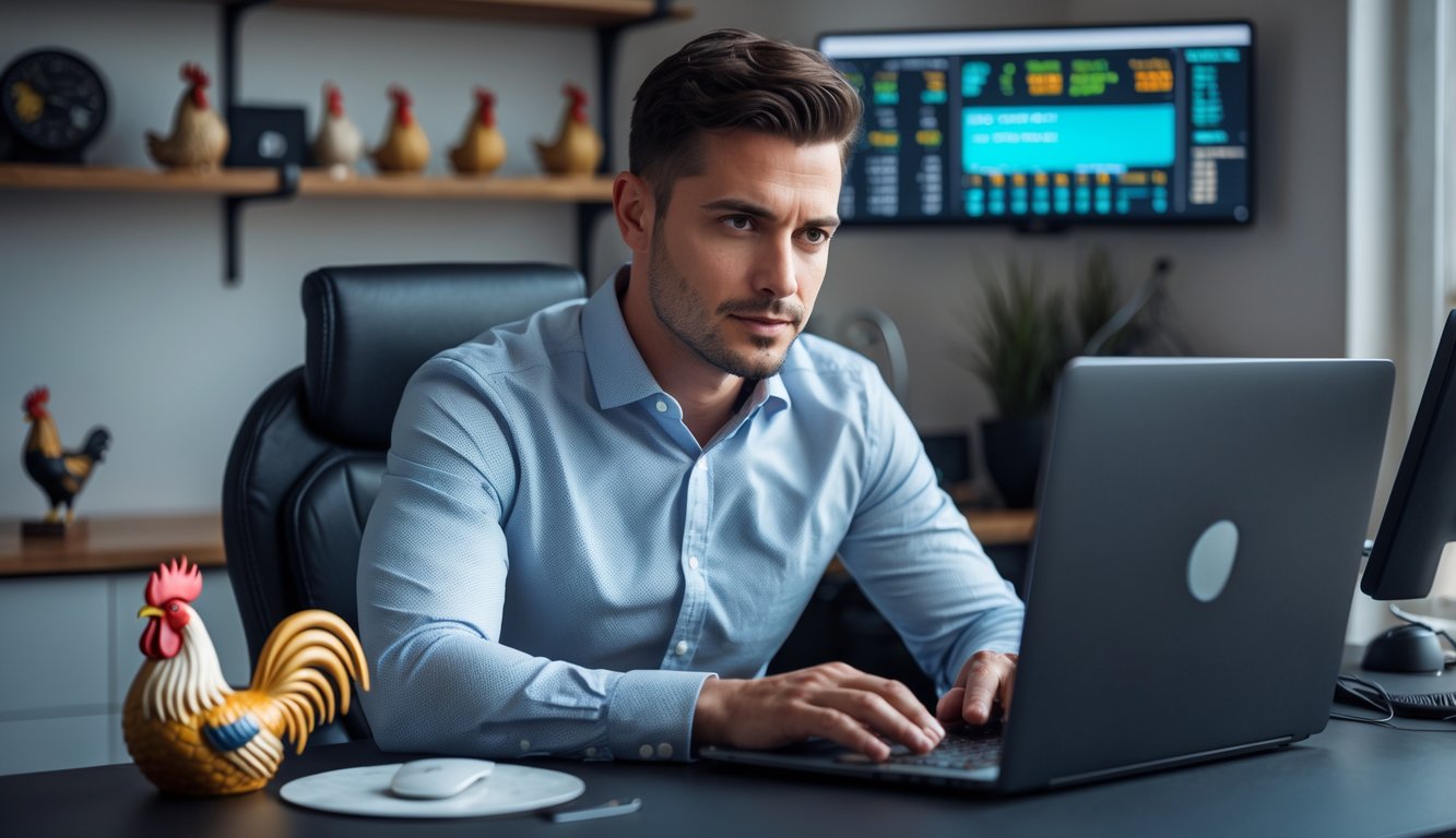 Seorang pria duduk di meja dengan laptop, terlihat fokus sedang meneliti situs judi online di ruang kerja yang nyaman.