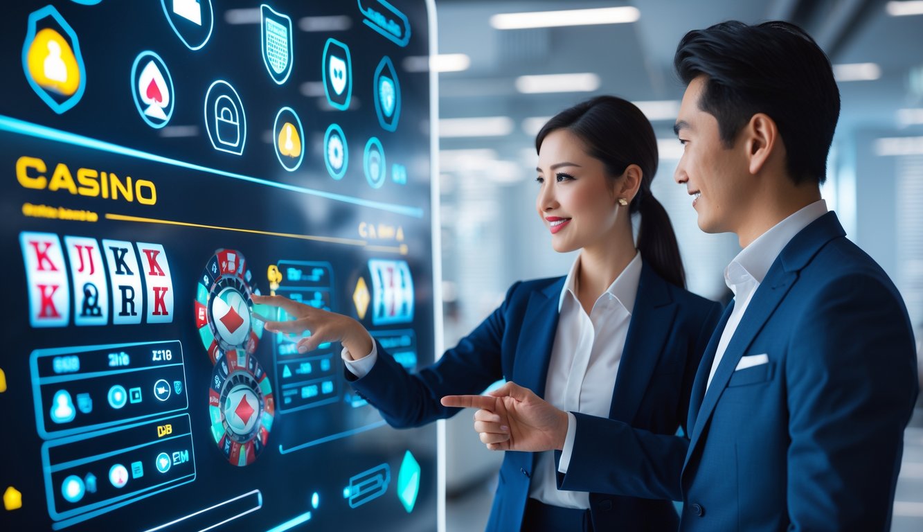 Dua profesional sedang menggunakan antarmuka kasino online modern dengan elemen keamanan digital di latar belakang.