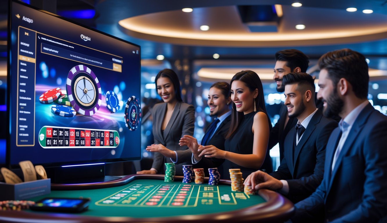 Orang-orang sedang bermain kasino online secara langsung di lingkungan kasino modern dengan antarmuka digital dan suasana yang profesional.