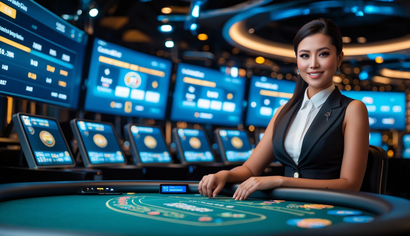 Seorang dealer profesional duduk di meja kasino digital dengan layar menampilkan permainan dan transaksi cepat di latar belakang studio teknologi tinggi.