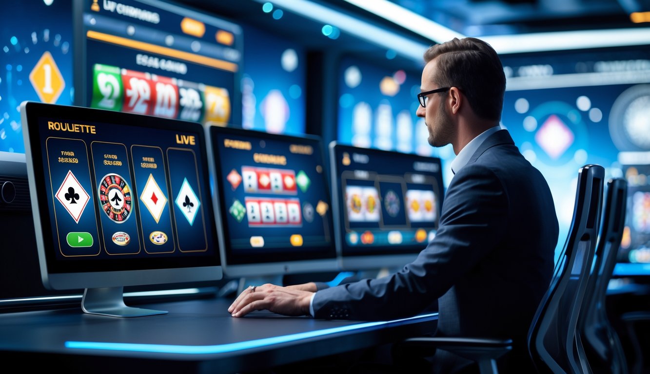 Seseorang duduk di depan komputer dengan layar yang menampilkan permainan kasino langsung, menunjukkan suasana kasino online yang aman dan terpercaya.