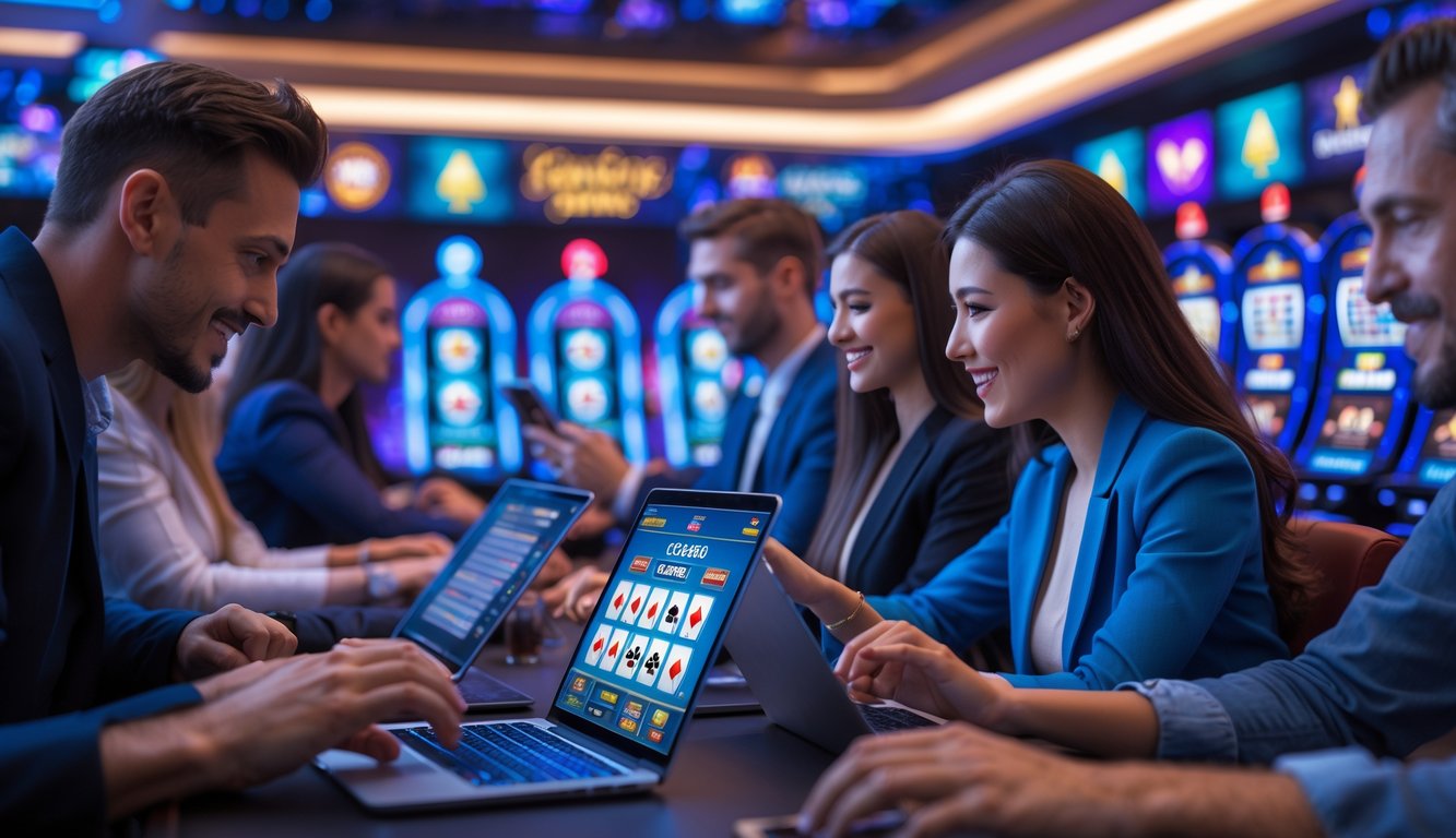 Sekelompok orang menggunakan perangkat digital untuk bermain permainan kasino online secara langsung dalam suasana yang modern dan hidup.