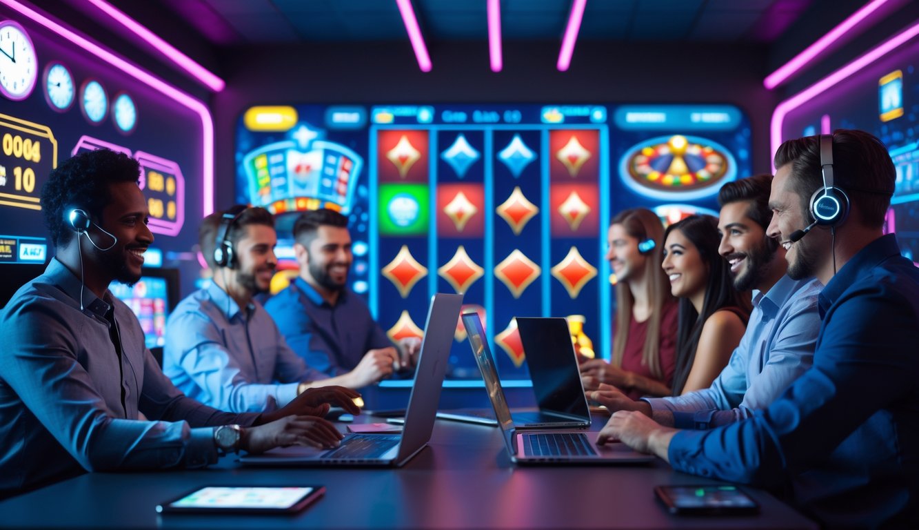 Orang-orang bermain permainan kasino online dengan perangkat digital di lingkungan kasino modern dengan lampu neon dan suasana sibuk.