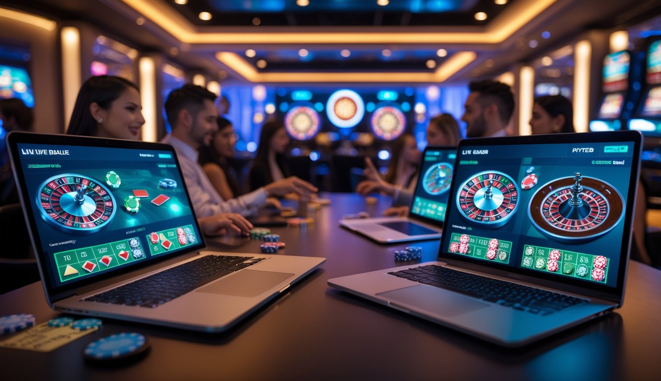 Sejumlah orang sedang bermain permainan kasino online dengan laptop dan monitor, di ruangan modern dengan pencahayaan futuristik, sementara latar belakang menampilkan kasino konvensional yang lebih tradisional.