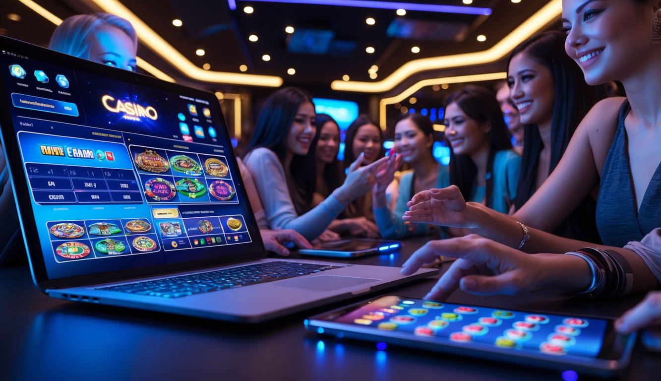 Sejumlah orang bermain kasino online secara langsung menggunakan berbagai perangkat digital di lingkungan yang modern dan futuristik.