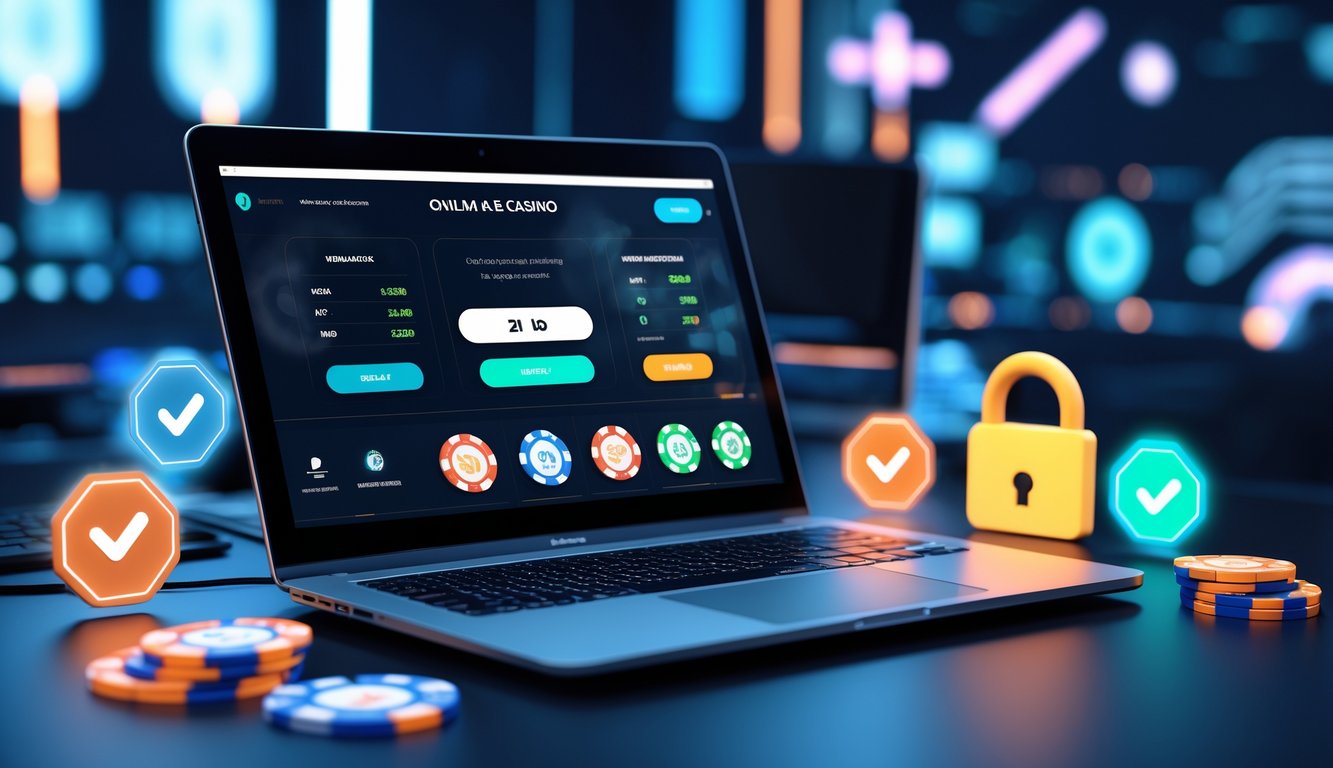 Seorang profesional bekerja dengan laptop yang menampilkan antarmuka kasino online langsung, dikelilingi simbol keamanan dan kepercayaan.