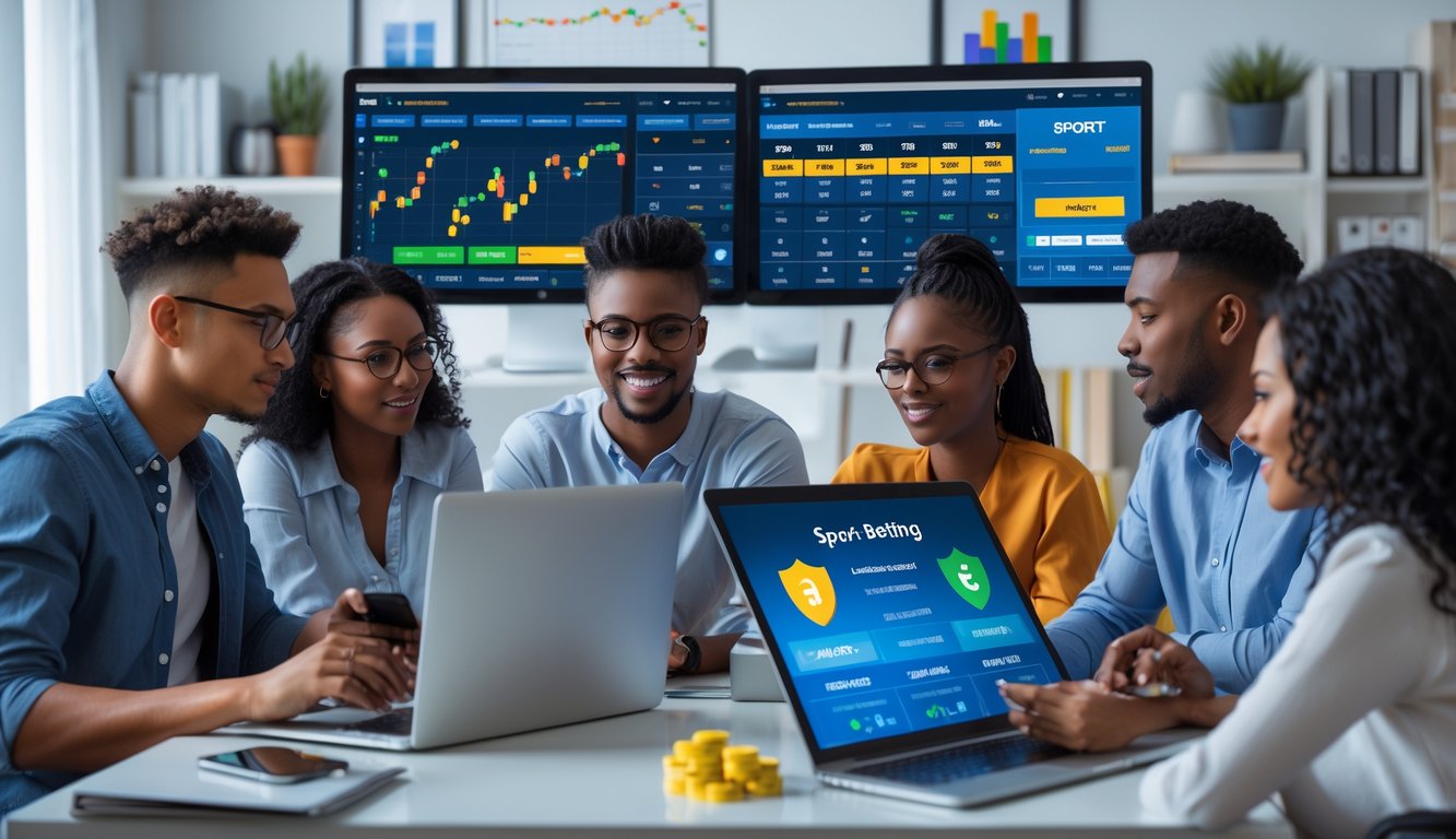Sekelompok orang muda sedang menggunakan perangkat digital untuk taruhan olahraga online di ruang kerja modern.