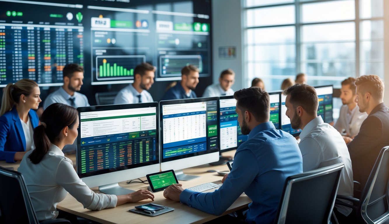 Sekelompok orang di kantor modern sedang menggunakan komputer dan perangkat digital untuk analisis dan taruhan olahraga secara online.