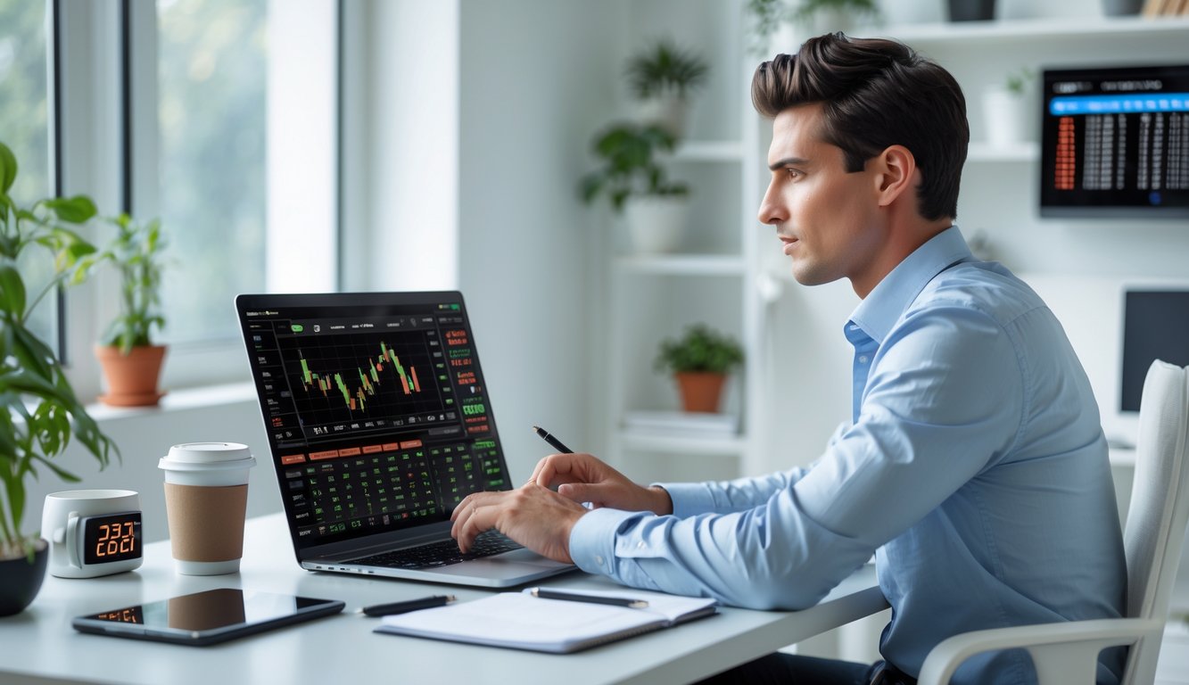 Seseorang muda duduk di meja kerja dengan laptop, melihat data taruhan olahraga online di ruangan rumah yang terang dan rapi.