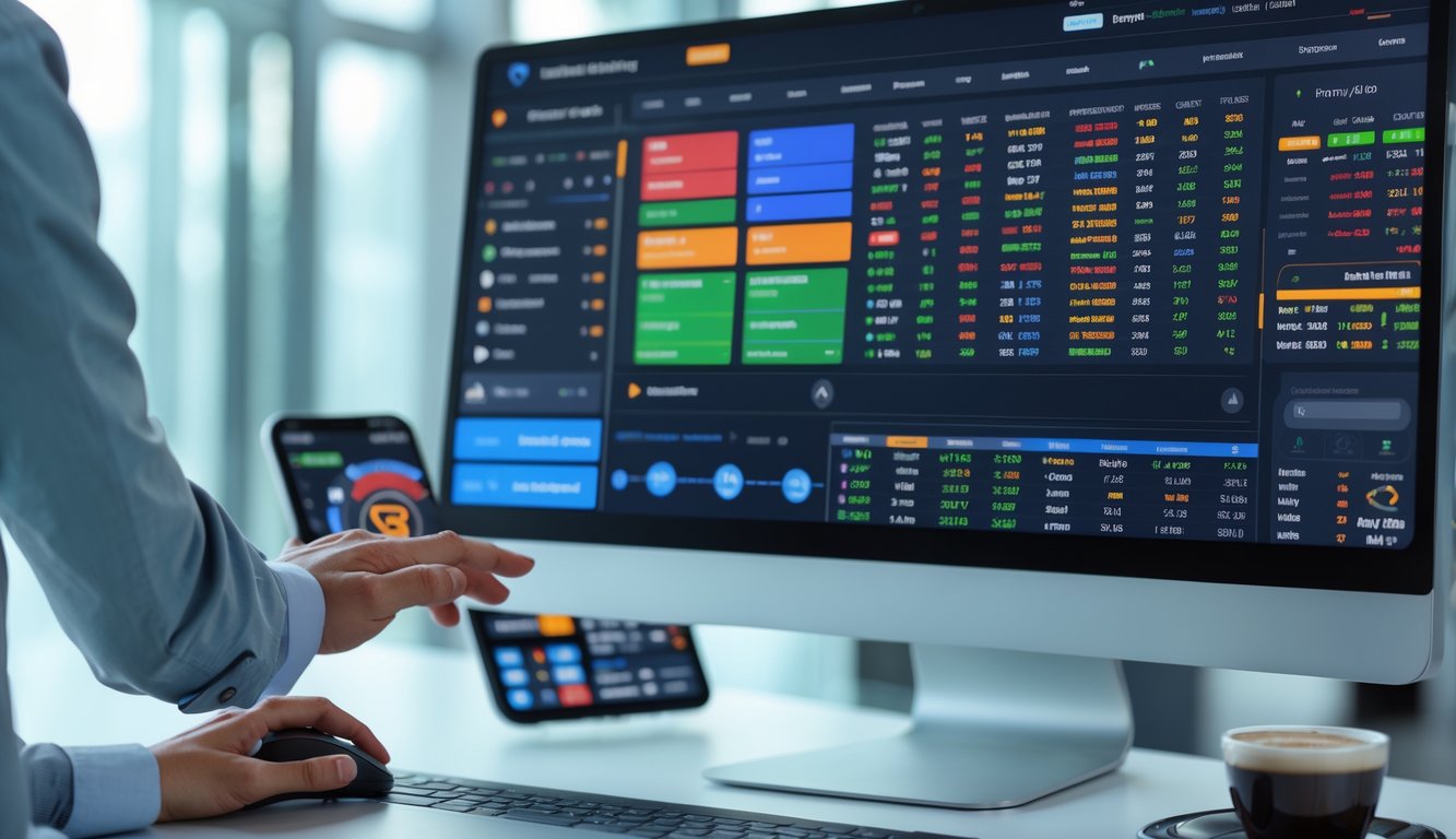 Seseorang sedang menggunakan komputer dengan layar menampilkan berbagai opsi taruhan olahraga online dan data taruhan yang lengkap.