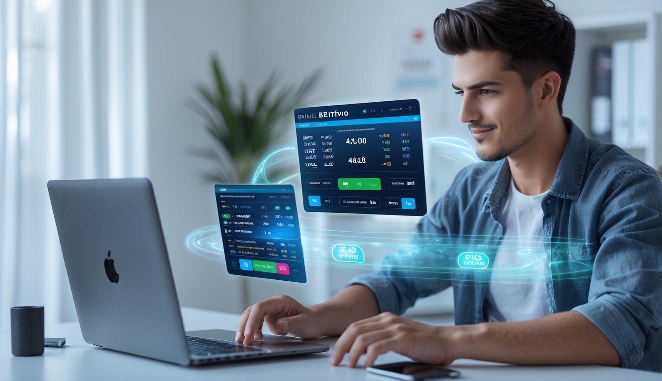 Seseorang menggunakan laptop dan ponsel di ruang kerja modern dengan tampilan antarmuka digital taruhan online dan ikon pembayaran cepat.