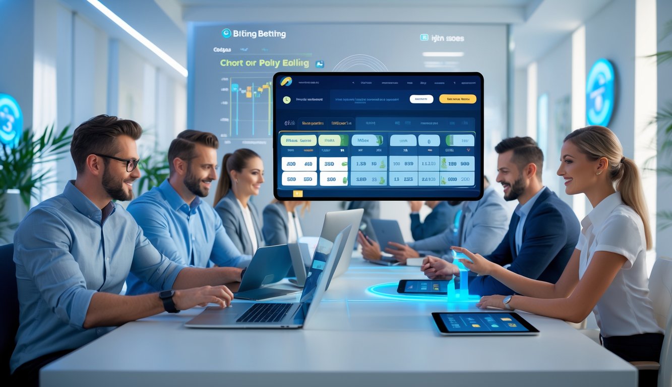 Beberapa orang menggunakan perangkat digital untuk taruhan online di ruang kerja modern yang terang dan profesional.