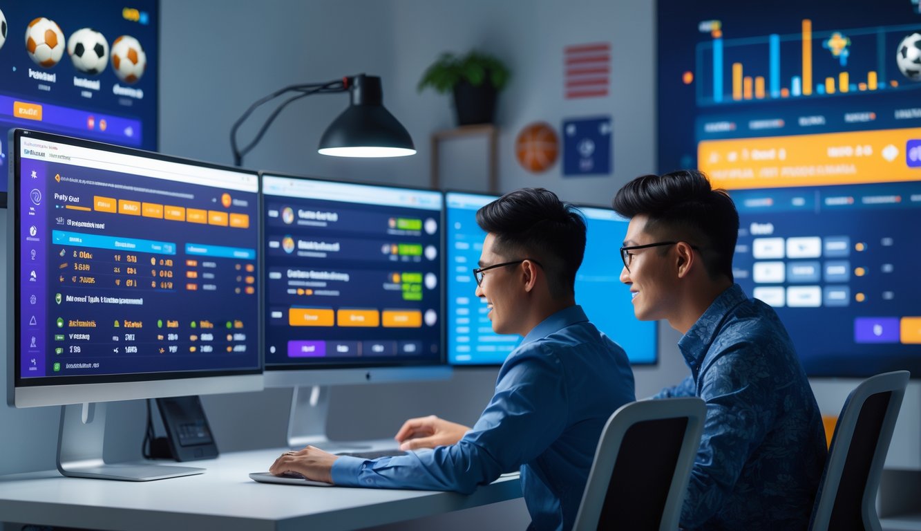 Dua orang Indonesia sedang duduk bersama di meja dengan beberapa monitor yang menampilkan data taruhan olahraga online, fokus pada taruhan parlay.