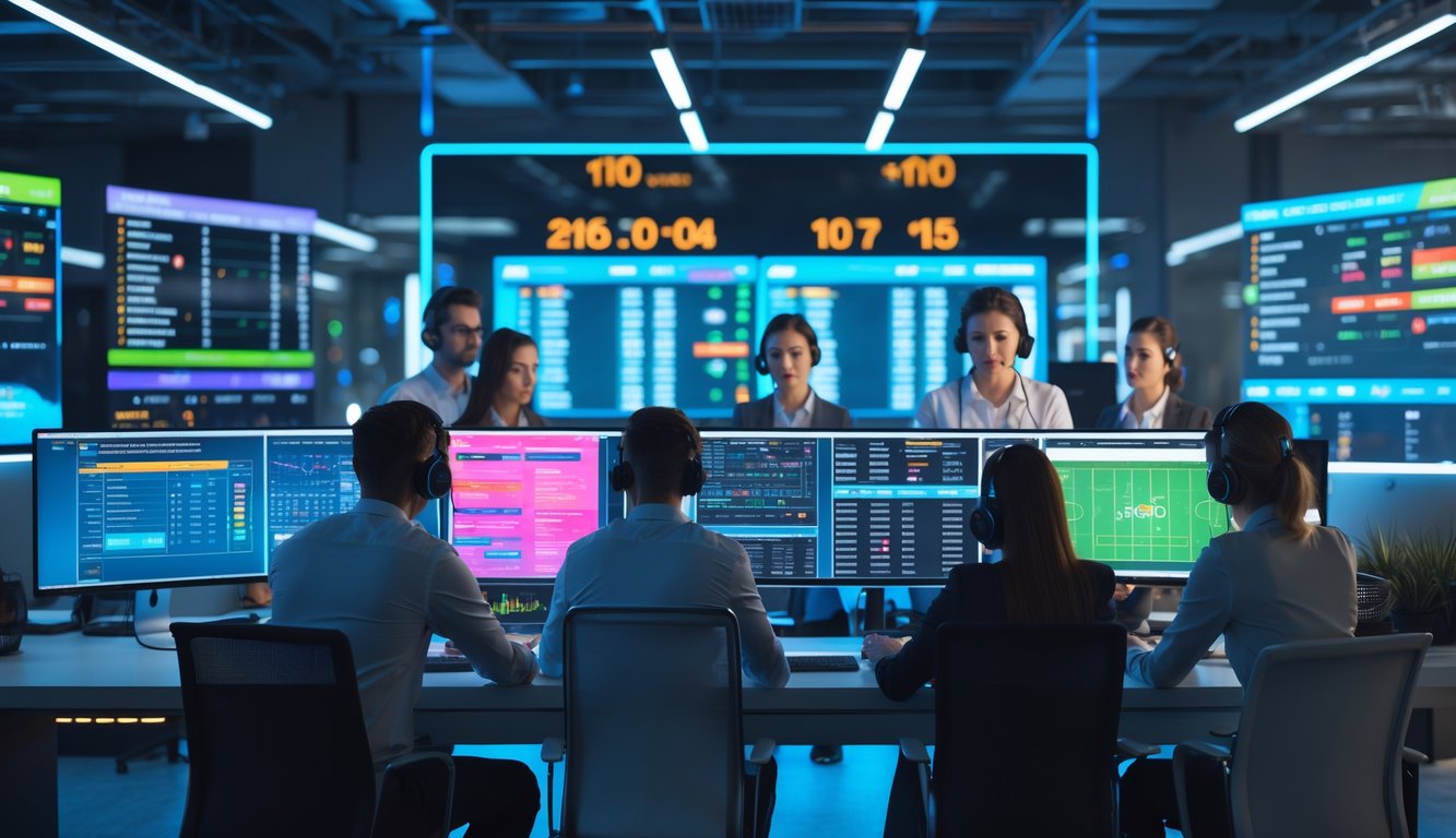 Suasana kantor modern dengan beberapa orang bekerja di depan komputer yang menampilkan data taruhan olahraga secara online.