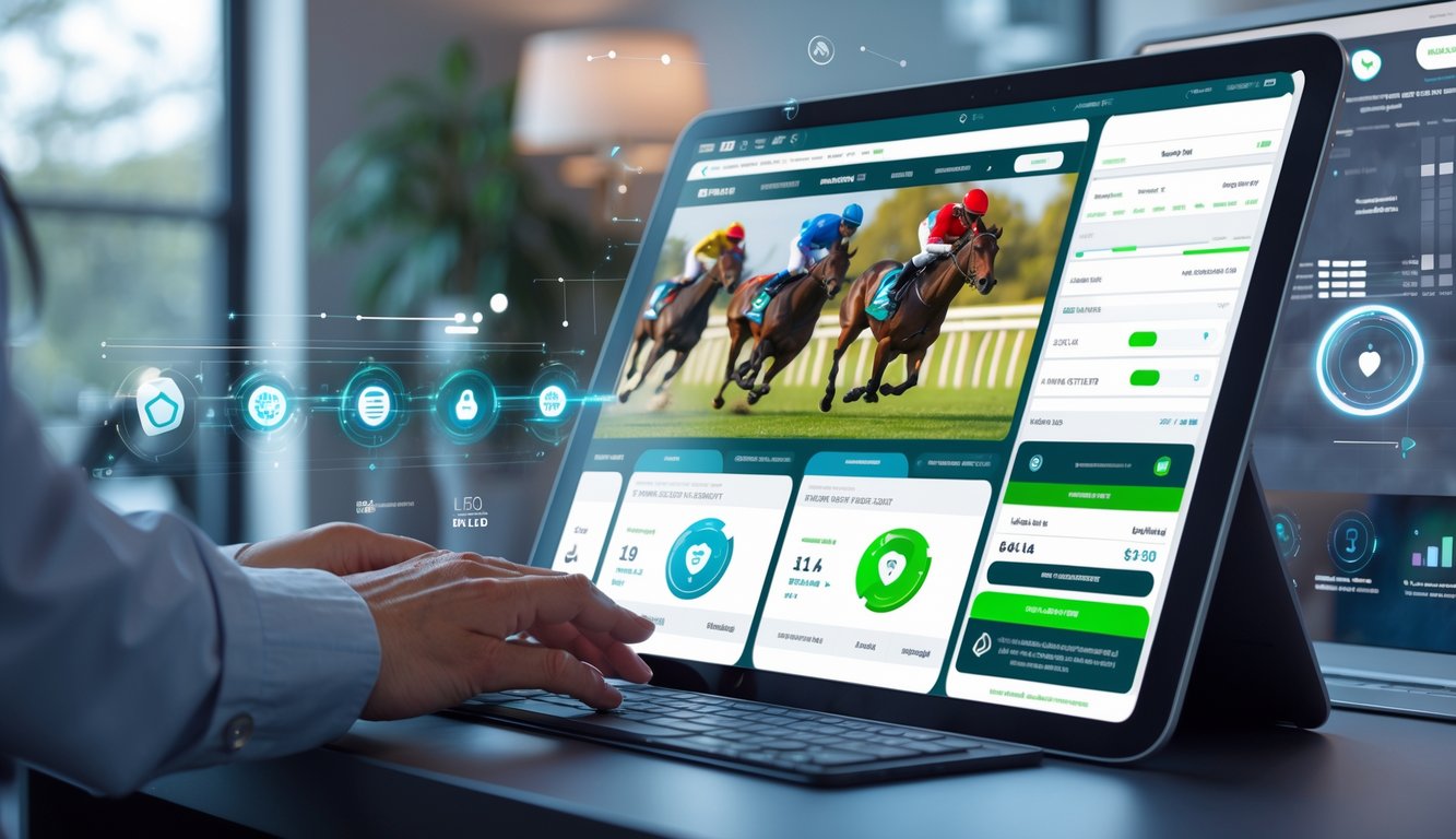 Seseorang menggunakan perangkat digital di ruang kerja modern dengan tampilan grafik pacuan kuda dan sistem taruhan online.