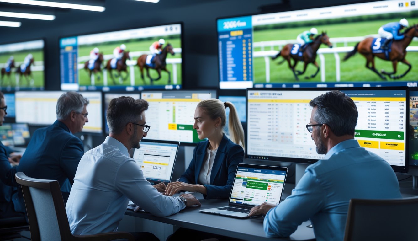 Beberapa orang menggunakan perangkat digital untuk memasang taruhan pada pacuan kuda secara online dengan layar yang menampilkan balapan dan peluang taruhan.
