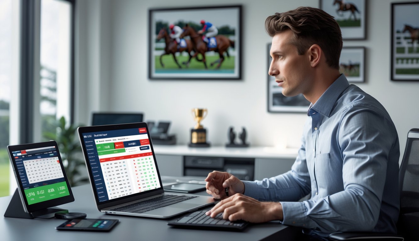 Seorang pria muda duduk di meja dengan laptop dan tablet yang menampilkan data pacuan kuda, fokus pada taruhan online di ruang kerja modern.