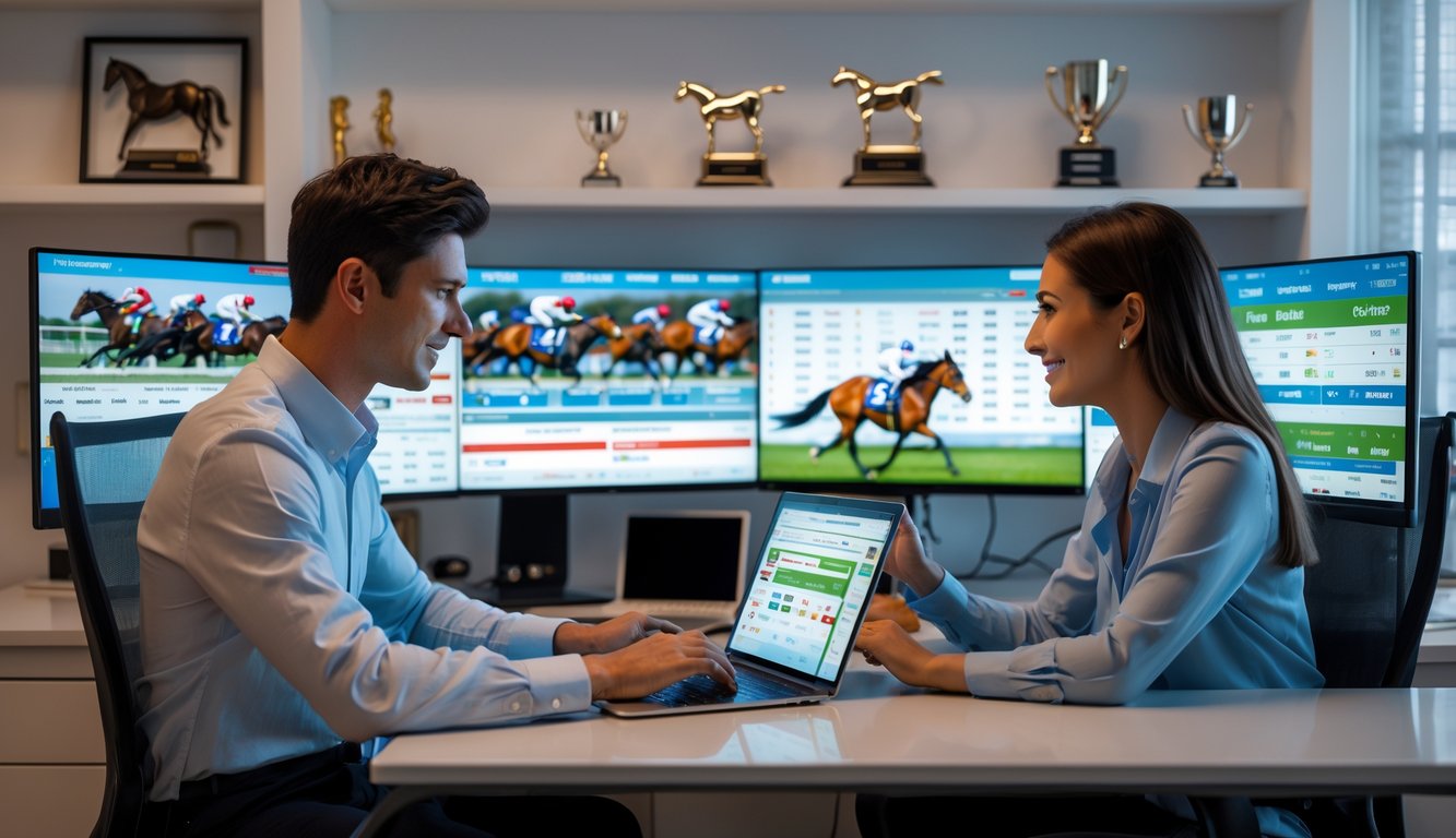 Dua orang muda sedang menggunakan komputer dan tablet di ruang kerja modern dengan layar menampilkan balapan kuda dan taruhan online.