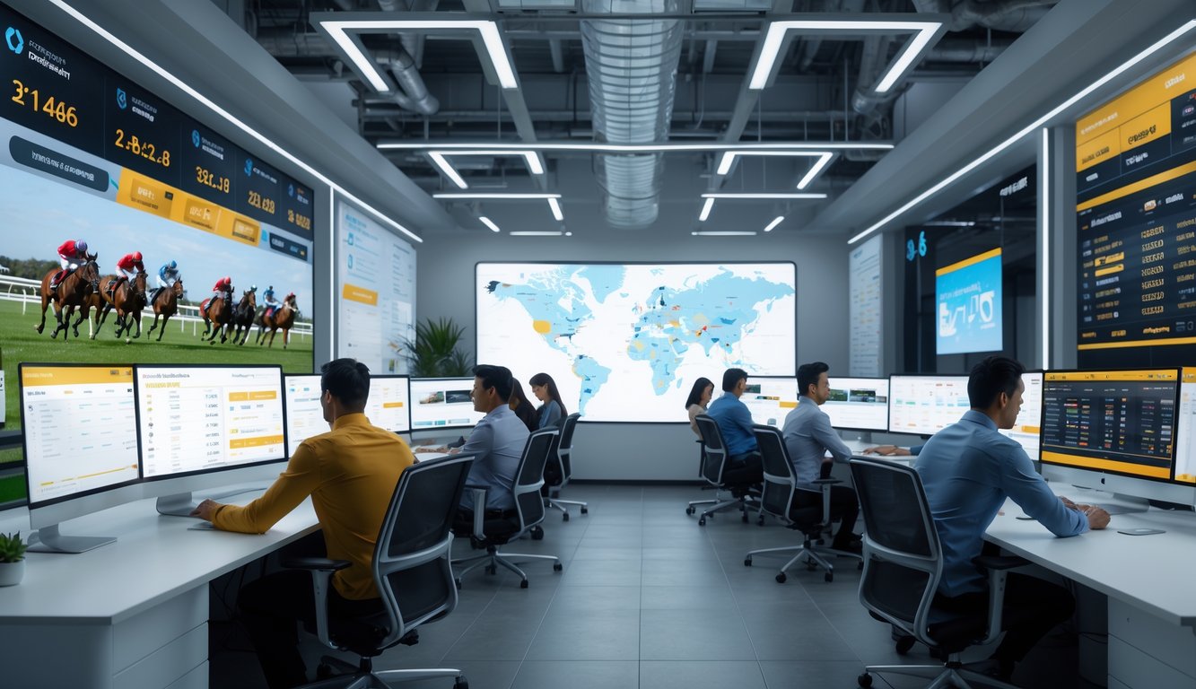 Sejumlah profesional bekerja di kantor modern dengan layar komputer besar menampilkan data dan video pacuan kuda secara online.