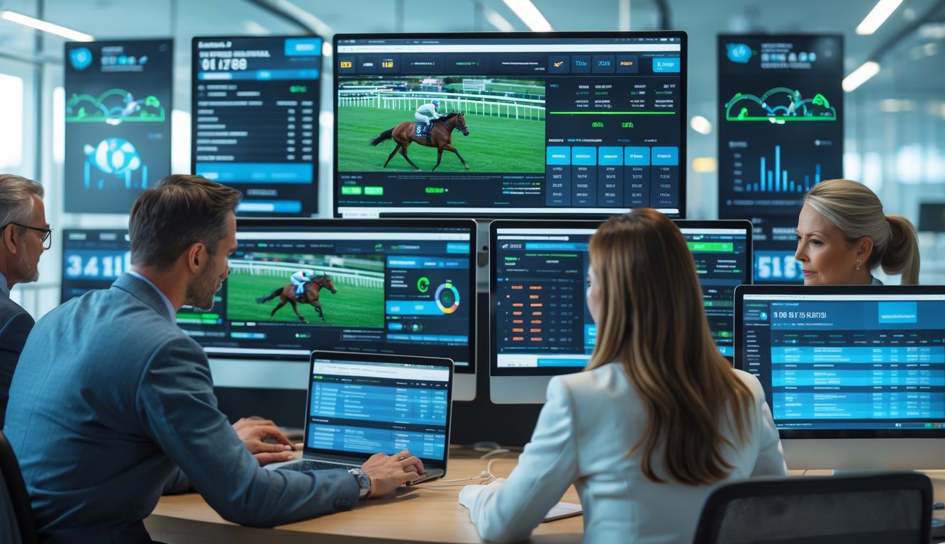 Beberapa orang sedang menggunakan komputer dan ponsel untuk melihat data dan menonton pacuan kuda secara online di sebuah kantor modern.