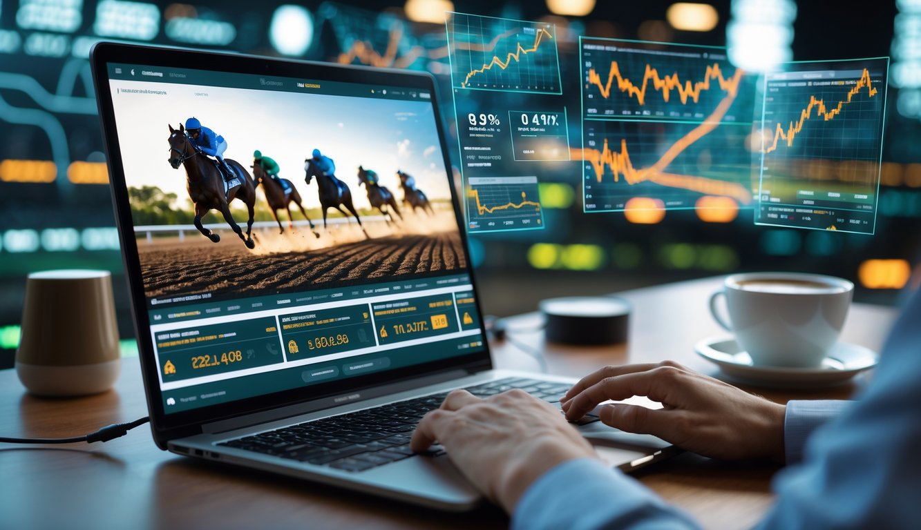 Seorang profesional menggunakan laptop yang menampilkan balapan kuda langsung dengan grafik statistik dan prediksi di layar.