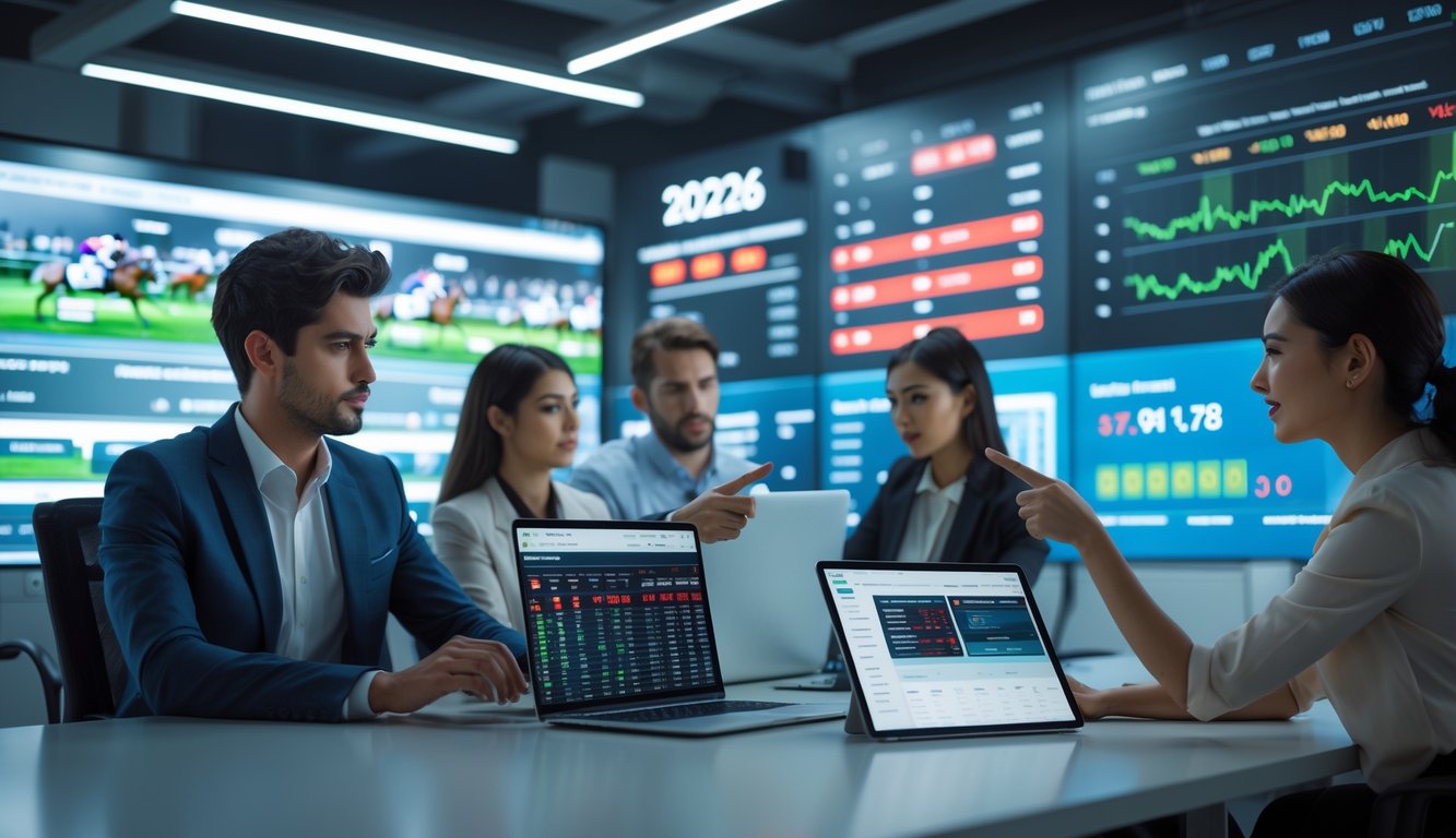 Sekelompok orang bekerja di kantor modern dengan layar digital menampilkan data pacuan kuda dan statistik taruhan online.