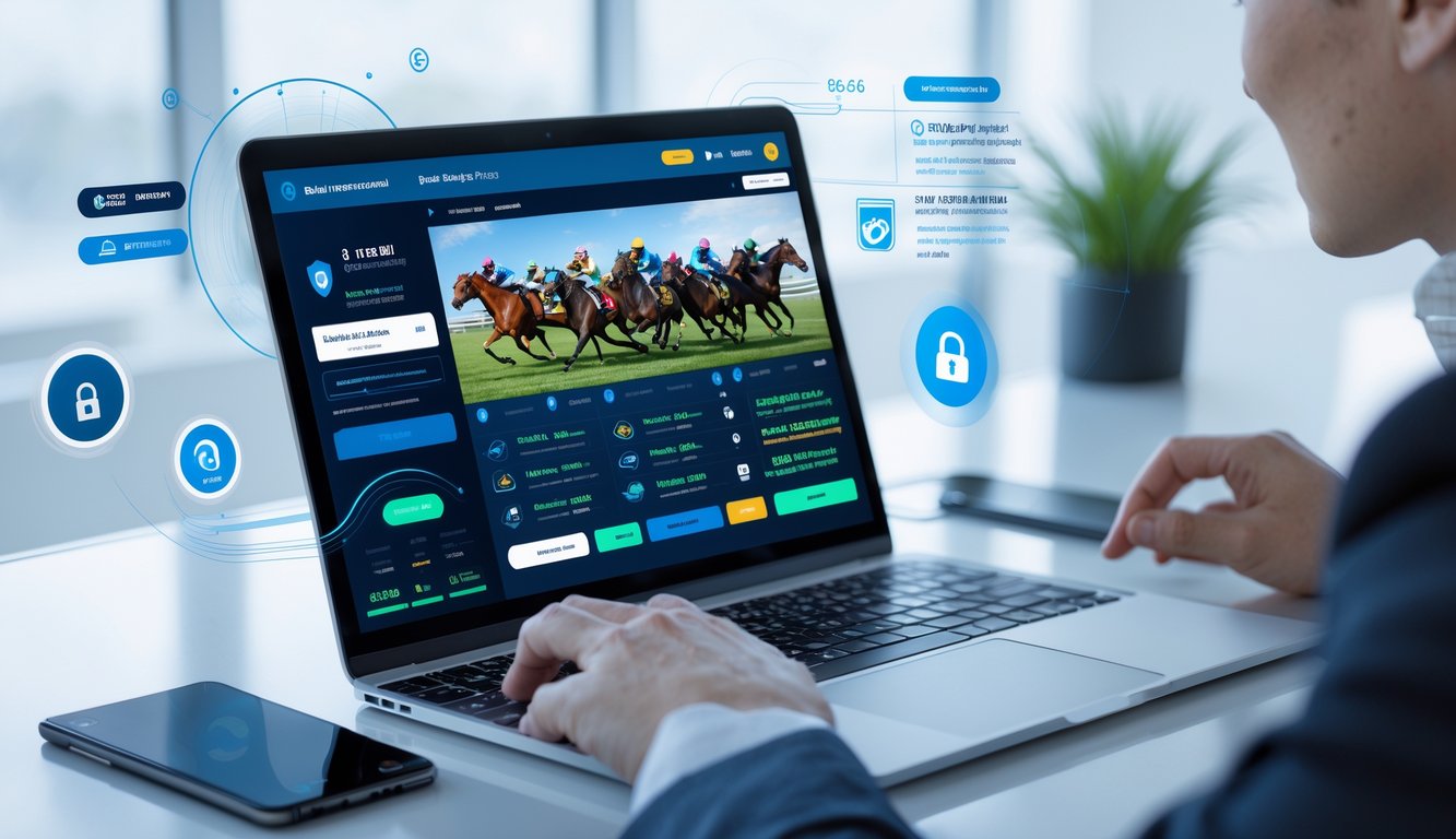 Seseorang menggunakan perangkat digital untuk memasang taruhan pacuan kuda secara online dengan suasana kantor modern.