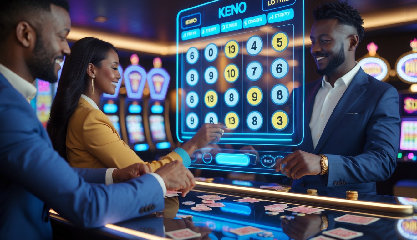 Orang-orang menggunakan layar sentuh digital untuk memilih angka keno dan lotere di lingkungan kasino modern yang aman dan profesional.