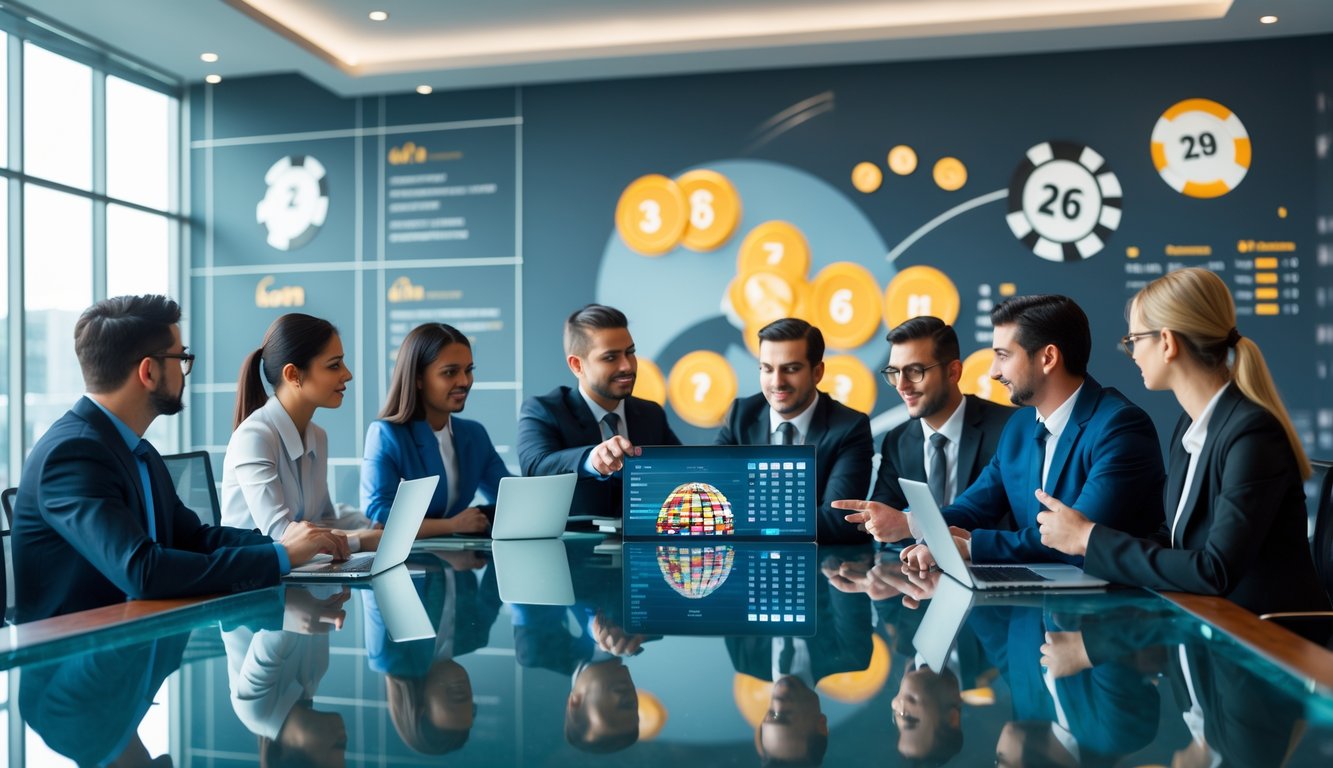 Sekelompok profesional sedang berdiskusi di ruang kantor modern dengan perangkat digital yang menampilkan data terkait judi online dan lotere.