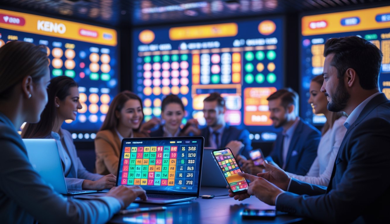 Orang-orang menggunakan perangkat digital untuk bermain permainan lotere dan keno dalam suasana kasino online yang modern dan cerah.