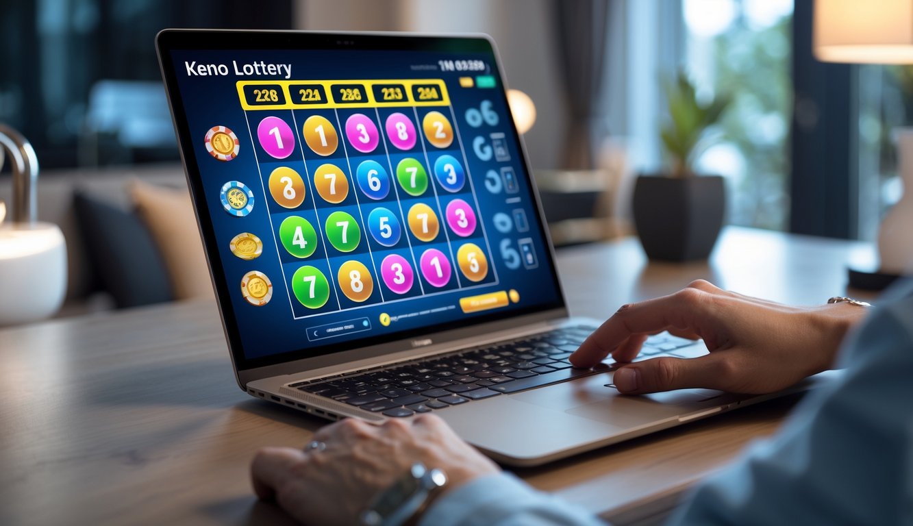 Seseorang menggunakan laptop di meja dengan layar menampilkan permainan Keno dan lotere angka, menunjukkan transaksi cepat dan aman.