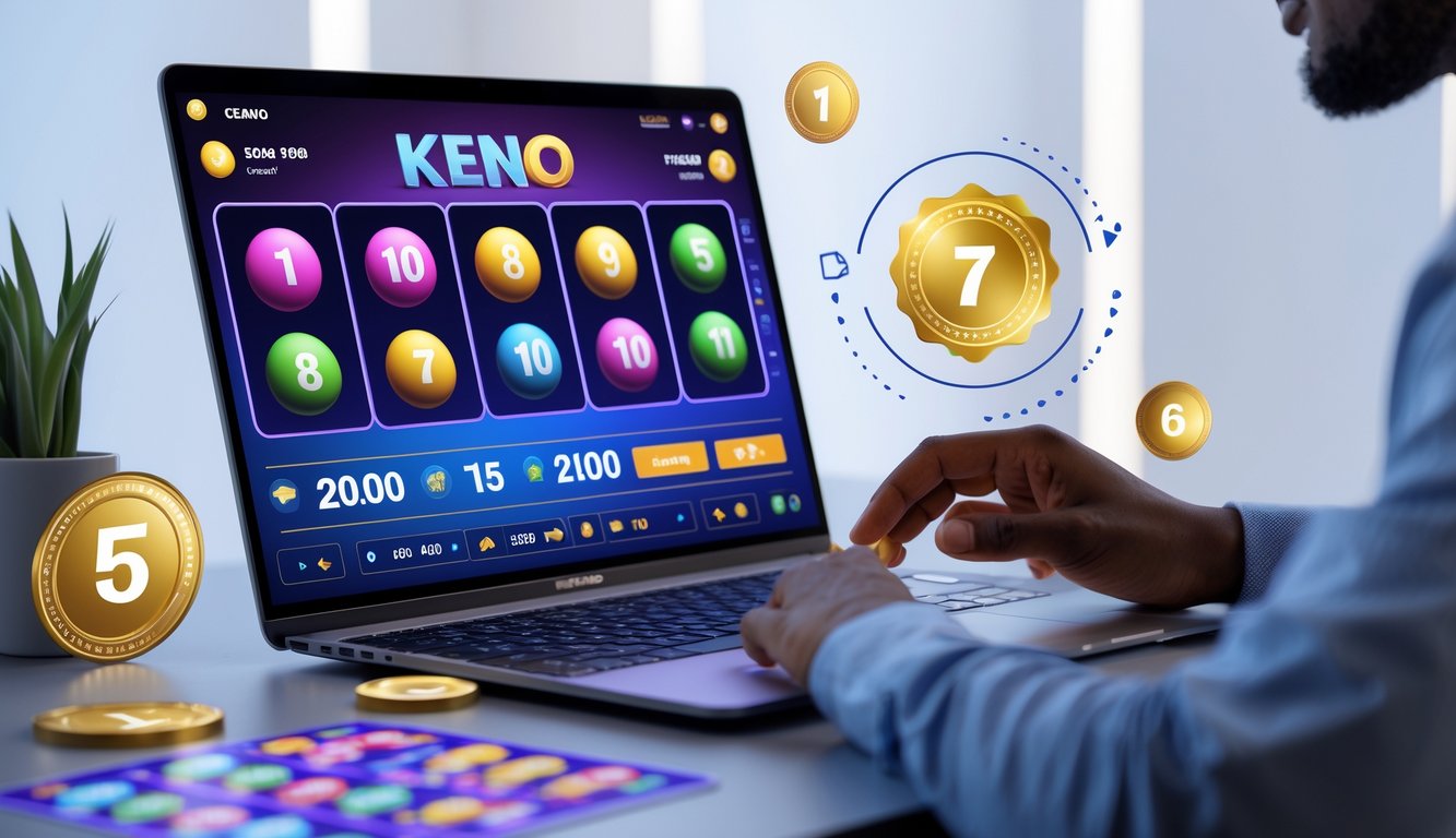 Seseorang menggunakan komputer dengan tampilan permainan keno dan lotere online yang berwarna-warni.