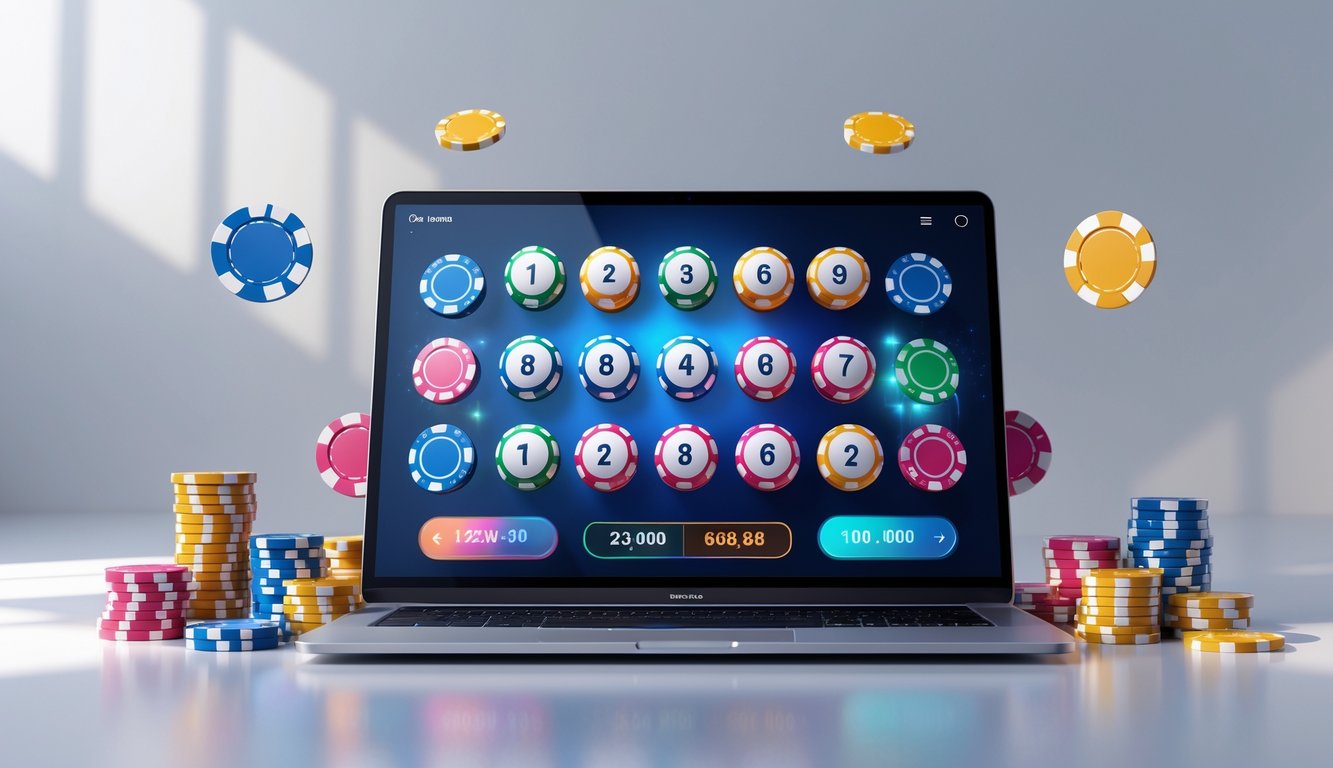 Seorang pengguna duduk di depan komputer dengan layar menampilkan permainan keno dan lotere online, dikelilingi oleh chip poker dan bola lotere.