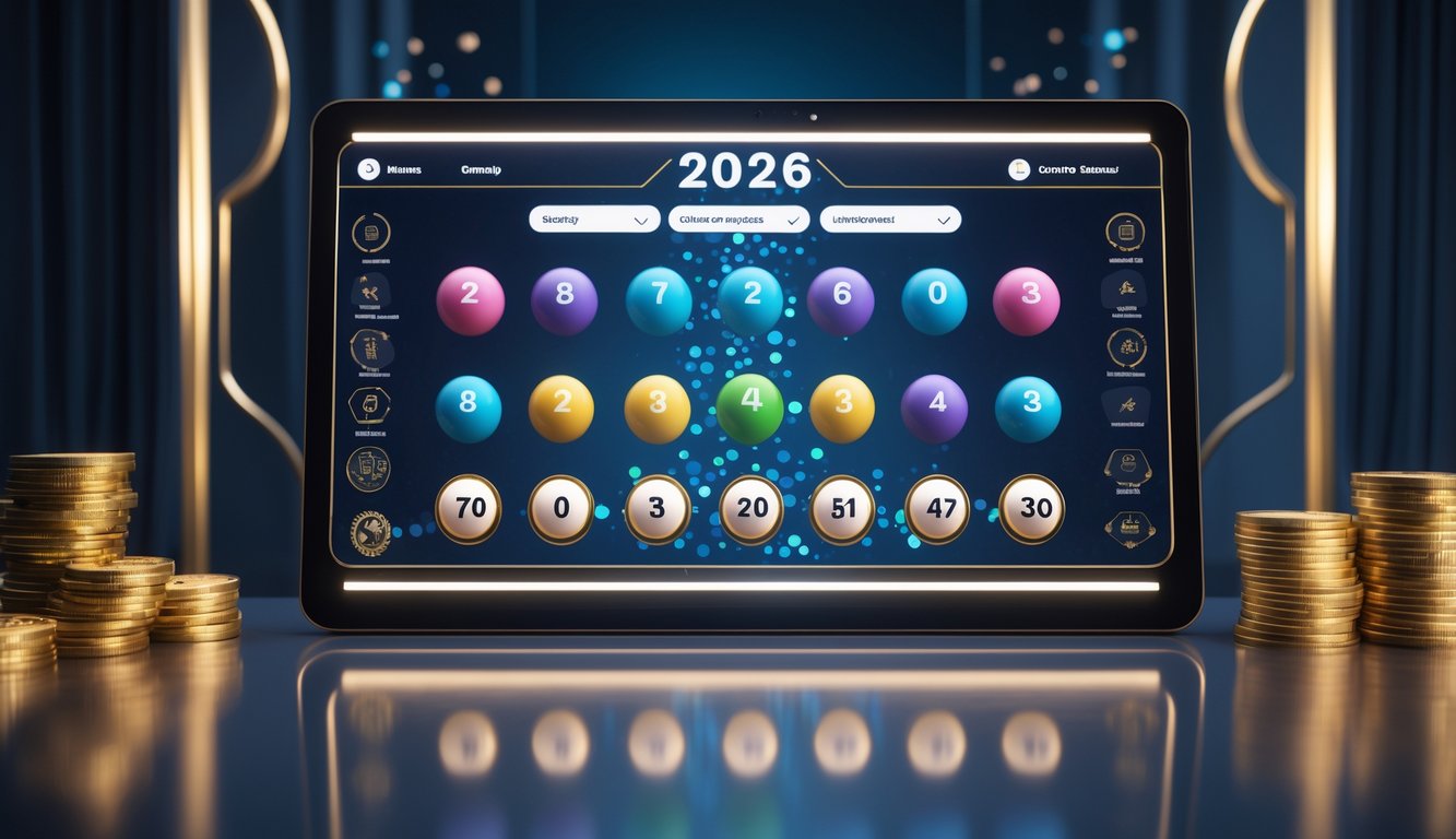 Antarmuka digital modern menampilkan permainan Keno dan lotere dengan bola berwarna dan angka yang berubah, dikelilingi oleh simbol keamanan dan layanan pelanggan 24 jam.