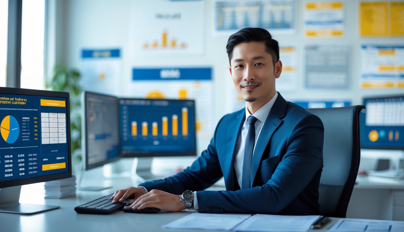 Seorang pria Asia duduk di meja kantor dengan beberapa monitor komputer yang menampilkan data dan grafik terkait permainan togel, di ruang kerja yang terang dan rapi.