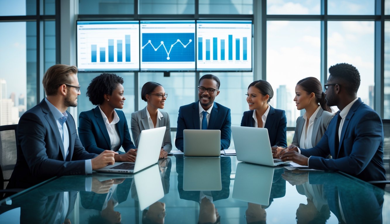 Sekelompok profesional bisnis sedang berdiskusi di kantor modern dengan laptop dan grafik di layar.
