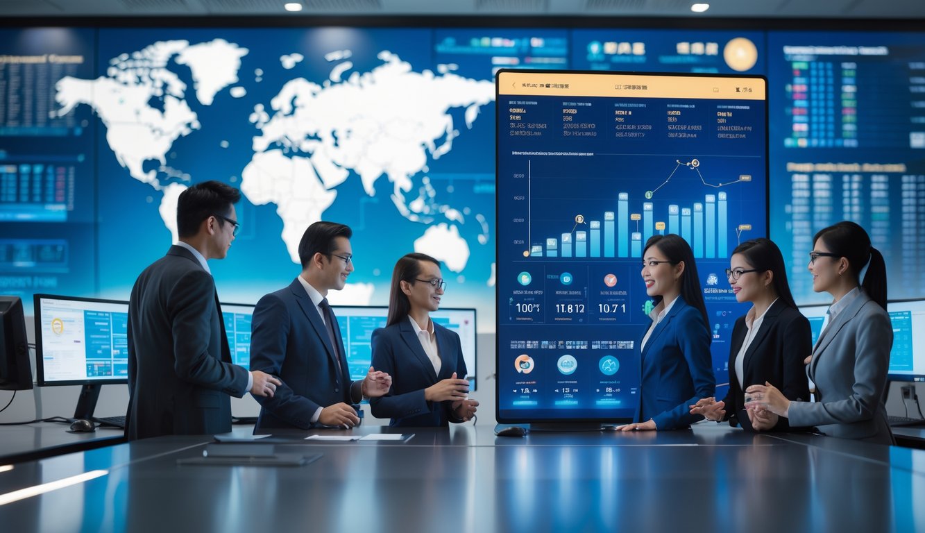 Sekelompok profesional bekerja sama di kantor modern dengan layar digital besar yang menampilkan grafik dan data terkait lotere dan taruhan.