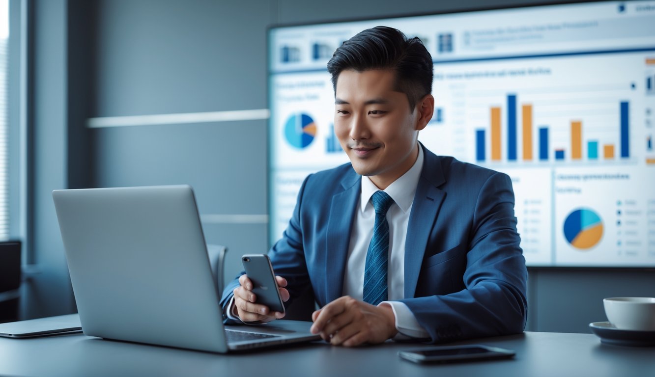 Seorang profesional duduk di meja kantor modern dengan laptop dan ponsel, fokus menganalisis data di layar dalam suasana kerja yang rapi dan terang.