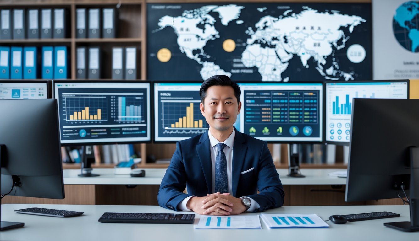 Seorang pria Asia duduk di meja kantor dengan beberapa monitor yang menampilkan grafik statistik dan data prediksi togel.