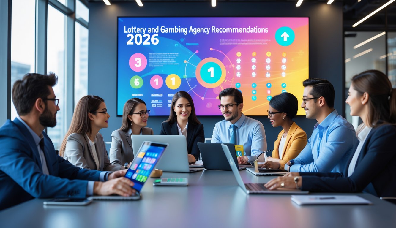 Sekelompok orang sedang berdiskusi di ruang kantor modern dengan laptop dan layar digital yang menampilkan data terkait lotere.