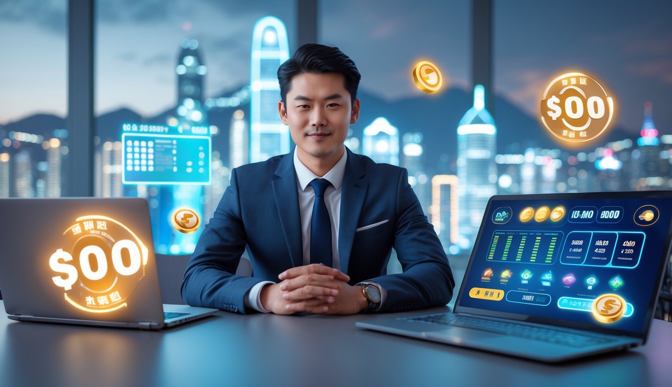 Seorang pria muda duduk di meja dengan laptop dan ponsel, menampilkan grafik terkait permainan togel, dengan latar belakang kota Hong Kong yang samar.