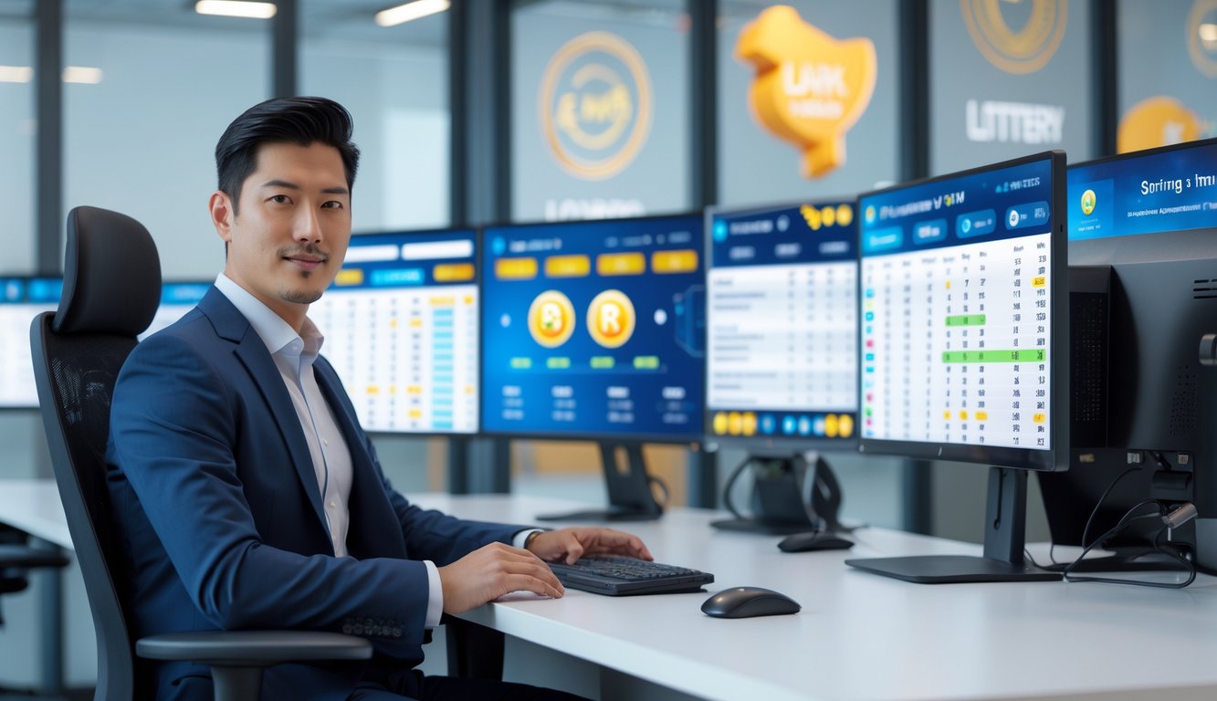 Seorang pria Asia duduk di meja kerja dengan beberapa monitor komputer yang menampilkan hasil lotere secara langsung dan grafik.