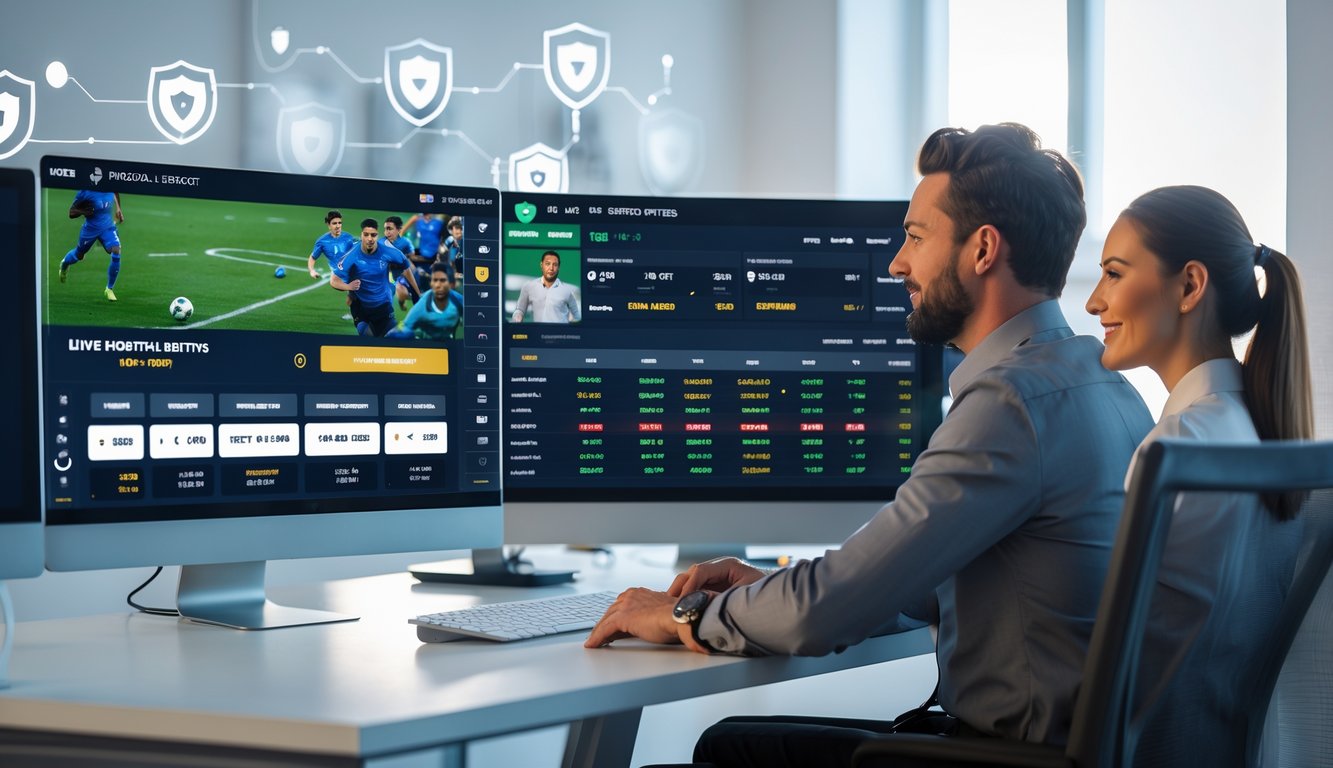 Seorang pria dan wanita duduk di depan beberapa monitor komputer yang menampilkan pertandingan sepak bola dan peluang taruhan, di sebuah kantor modern yang terang dan rapi.