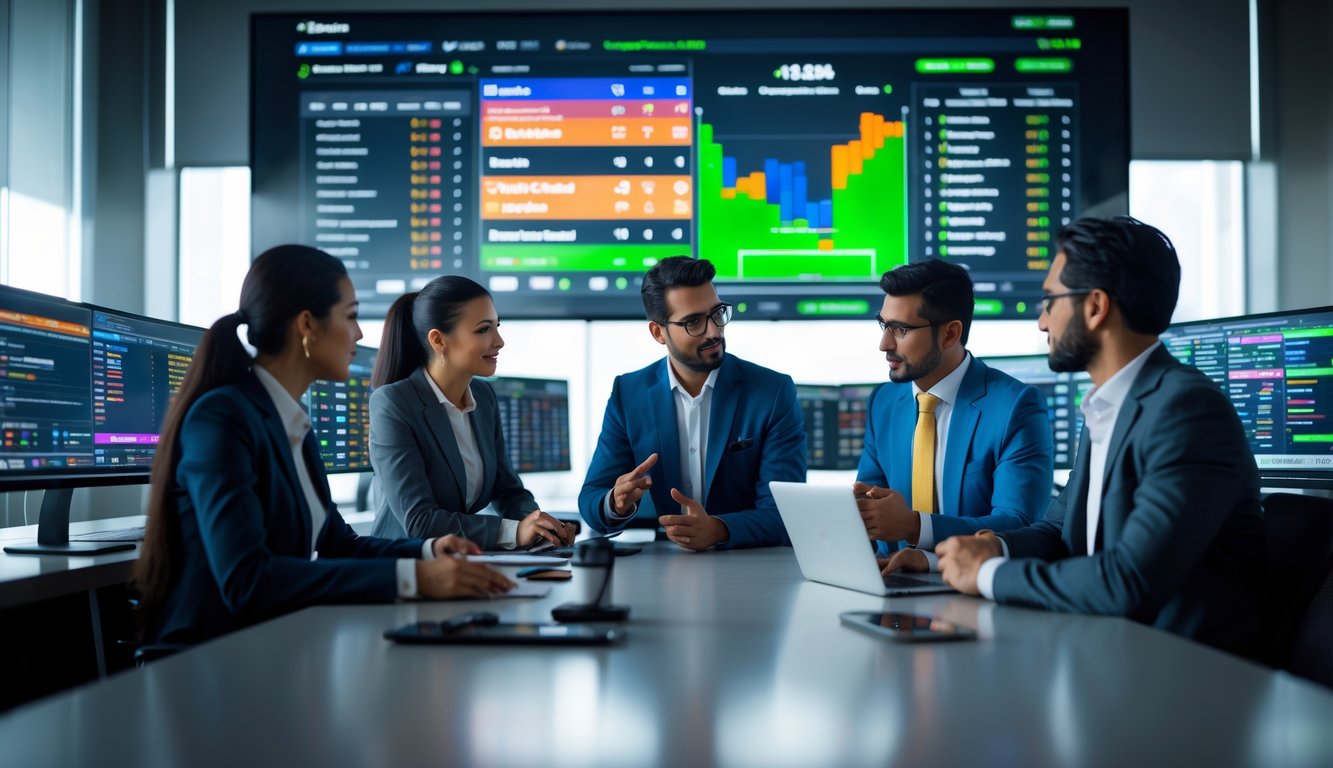 Sekelompok profesional sedang berdiskusi di kantor modern dengan layar digital menampilkan statistik pertandingan sepak bola dan data taruhan.