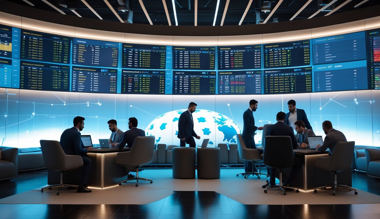 Orang-orang di ruang modern sedang menganalisis layar digital dengan data pertandingan sepak bola dunia.