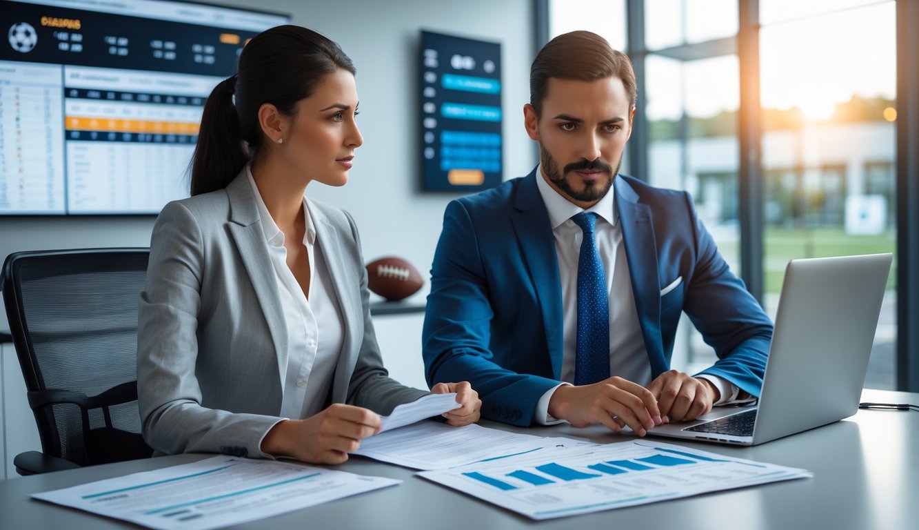 Seorang pria dan wanita sedang berdiskusi serius di kantor modern dengan dokumen dan laptop yang menampilkan data taruhan olahraga.