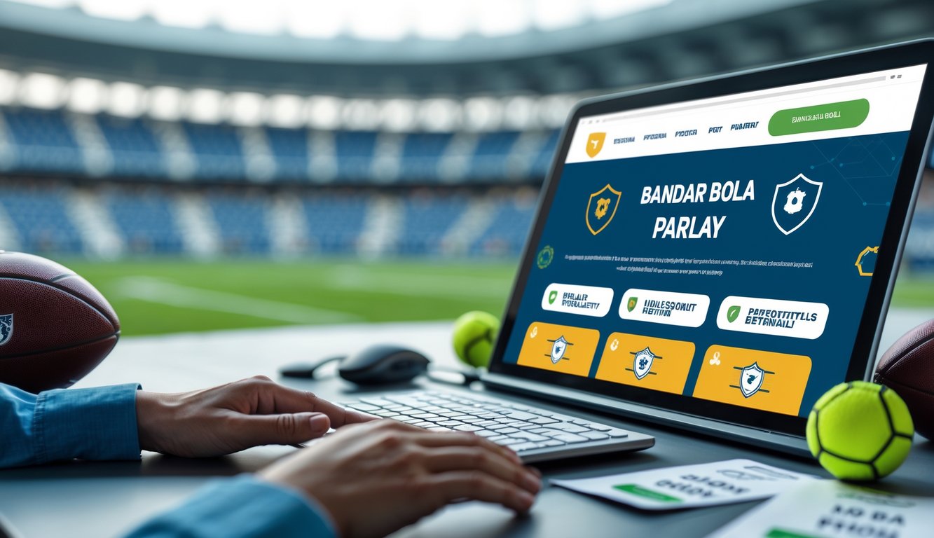 Sebuah layar komputer menampilkan antarmuka taruhan sepak bola yang modern dan transparan dengan latar belakang stadion dan bola sepak bola.