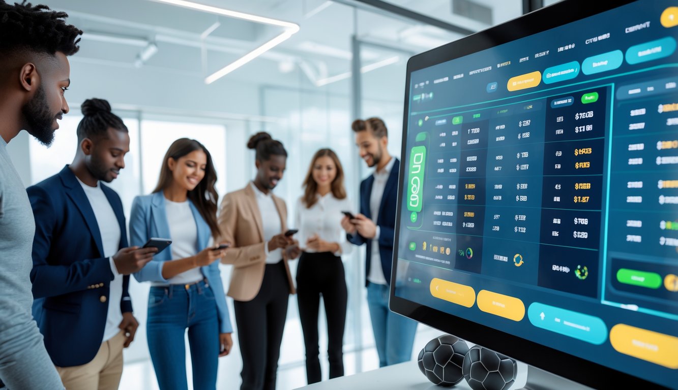 Sekelompok orang muda sedang menggunakan layar sentuh digital menampilkan opsi taruhan sepak bola di kantor modern.